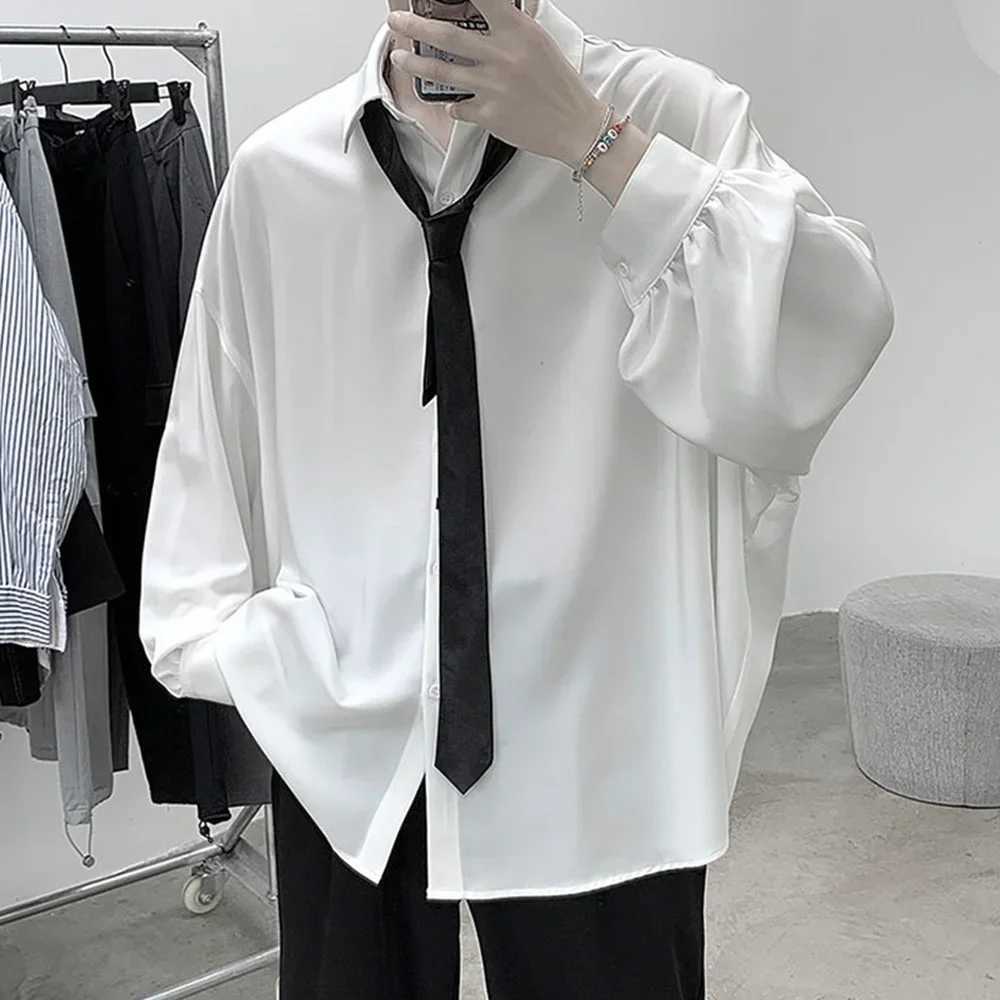 Korean Style Mens Long-sleeved Shirts Black Tie Cozy Casual Solid Oversize Blouses Breathable Loose Shirt Harajuku Male Clothes W250627