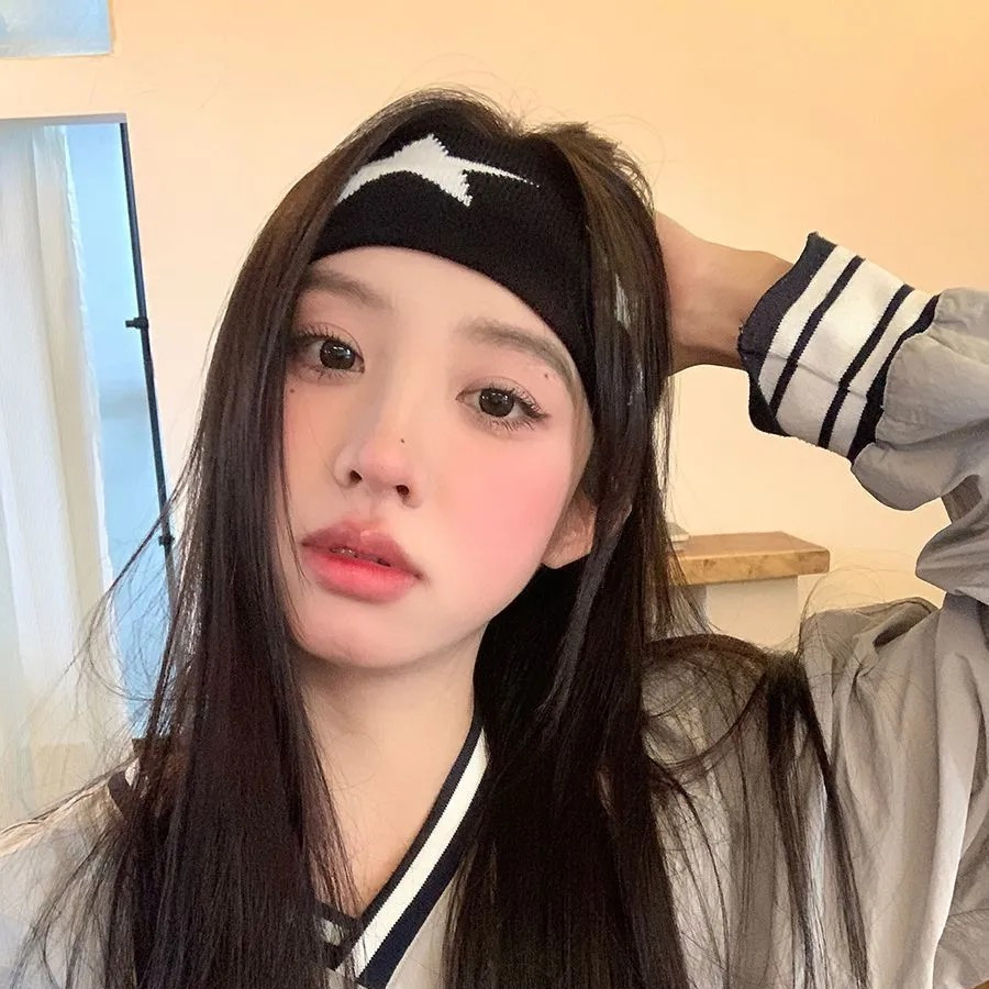 Gray Star Print Hip-Hop Wide-Hemmed Stretch Hairband - Casual, Fashionable, Minimalist, Versatile Knitted Sports Headwear for Women