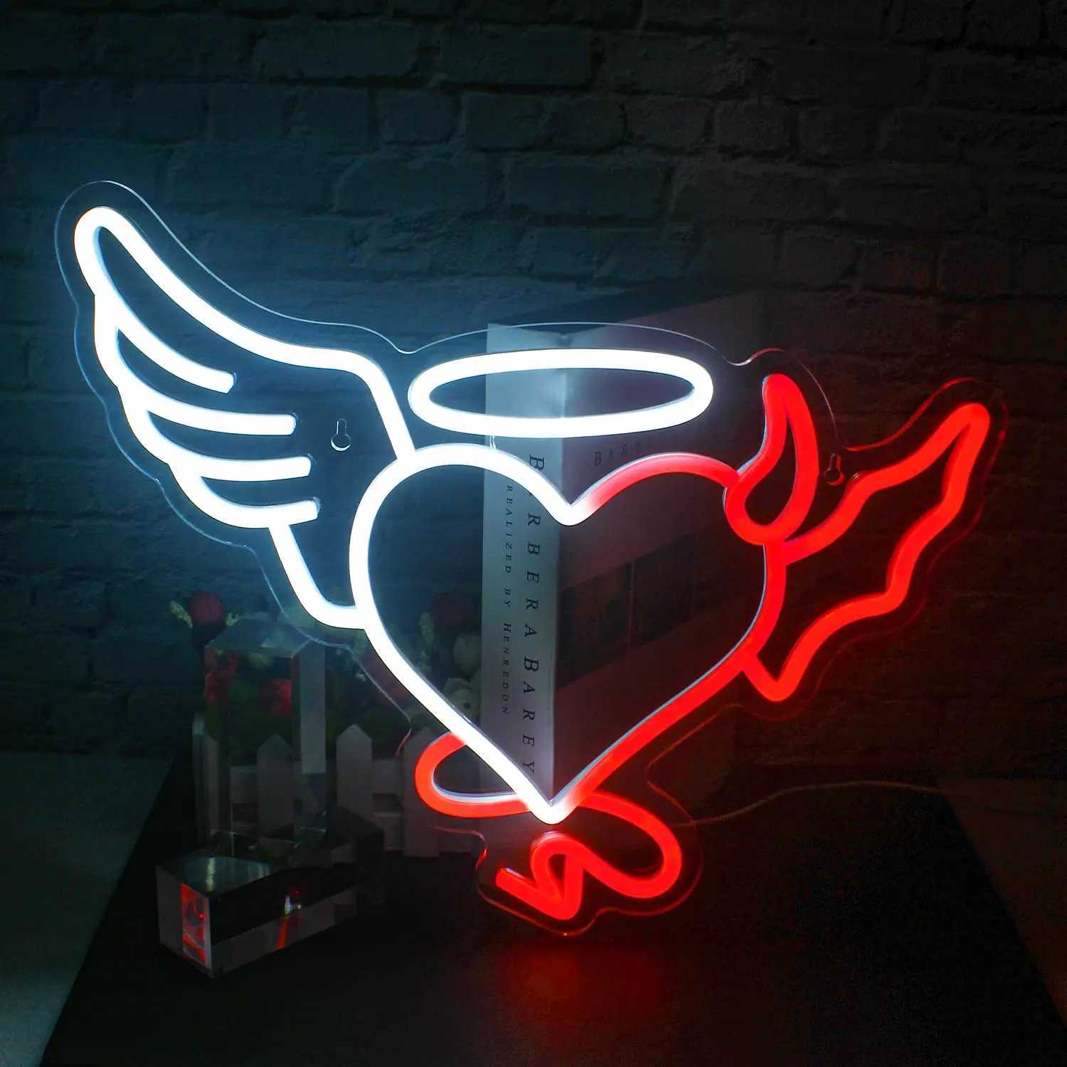 Heart Shape Angel Demon LED Neon Sign for Wall Decoration Glow Sign for Bedroom Home Bar Wedding Birthday Party Kids Room Gift XJ250626