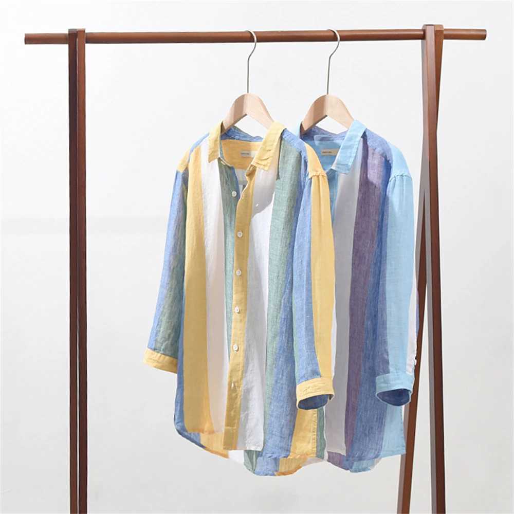 Summer Linen shirts for men Three-quarter sleeves striped mens Casual shirt Loose and breathable freshness Thin mens tops W250627