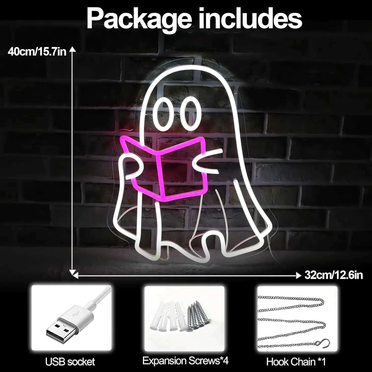 Reading Ghost Neon Sign LED Neon Light Sign Hanging Sign Halloween Party Ornaments Ghost Night Light For Bedroom Book Store XJ250626