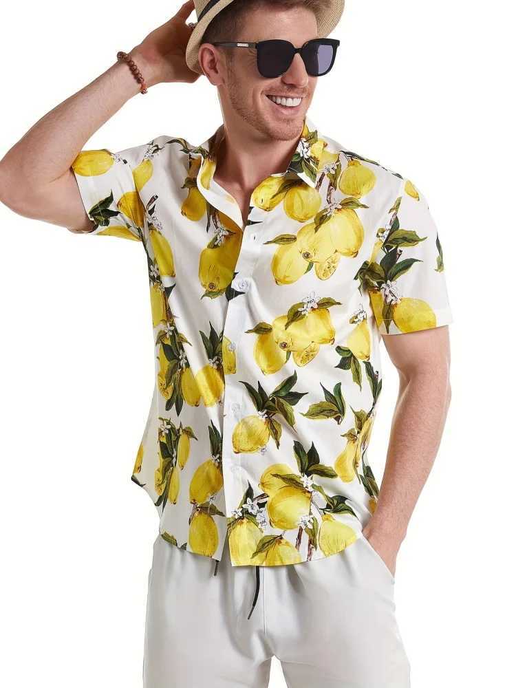 The 2025 Summer Mens Short-sleeved Lemon Print Single-breasted Shirt Is Perfect For Beach Vacation And Casual Wear W250627