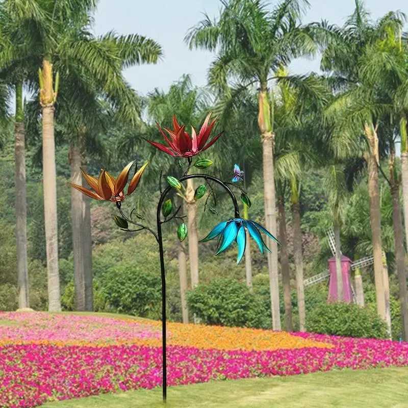 Large Metal Wind Spinner With Three Spinning Flowers Butterflies Windmill Wind Sculpture Outdoor Garden And Yard Art Decor X250627