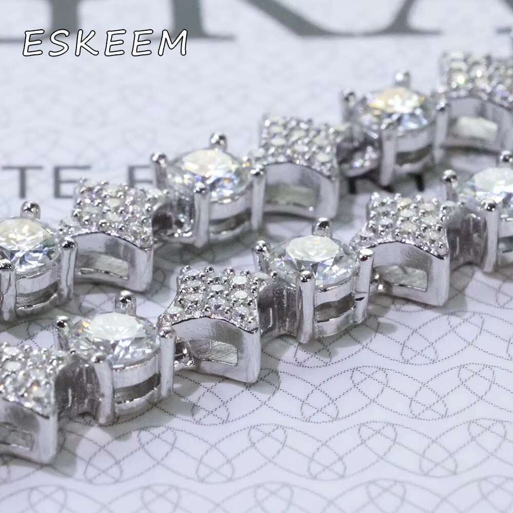 6mm Iced Out Moissanite Tennis Bracelet Star Design 925 Silver White Gold Plated Charm Chain Fine Jewelry Gift for Women