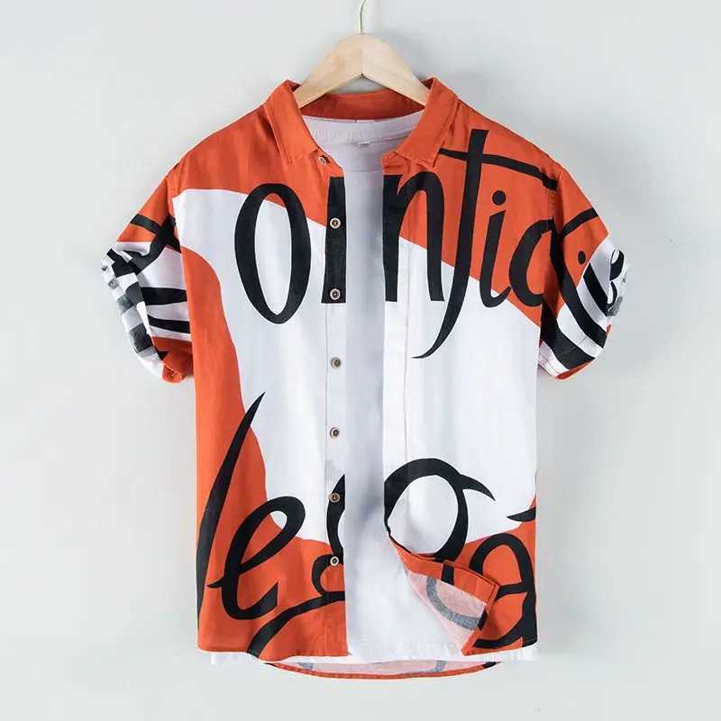 Street Casual Short Sleeve Print Letter Shirt Tops Mens Summer New Polo Neck Plus Size Trend Blouse Fashion Casual Men Clothing W250627