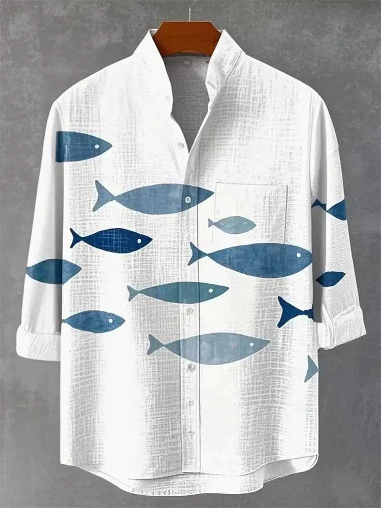 2025 New Retro Style Fish 3D Printed Mens Shirt Fashion Design Casual Linen Comfortable Fabric Button Long Sleeve Shirt W250627