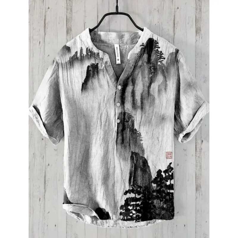 2025 New Mens Linen Short-Sleeved Shirt Fashion Casual Printed Tops European And American Popular Style Mens Clothing W250627