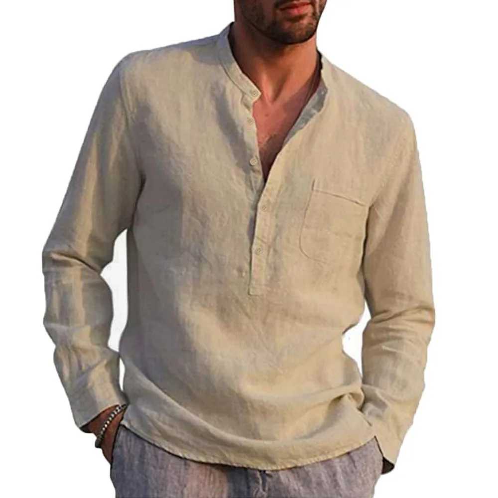 Cotton Linen Hot Sale Mens Shirt Long-Sleeved Solid Color Summer Stand-Up Collar Shirts Casual Beach Style Breathable Cozy Tops W250627