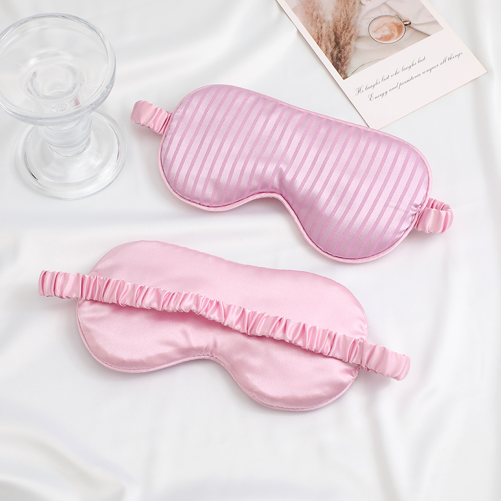 New silk-like striped pattern eye mask for light-blocking sleep - with logo printed on it. Essential for outdoor travel. In stock.