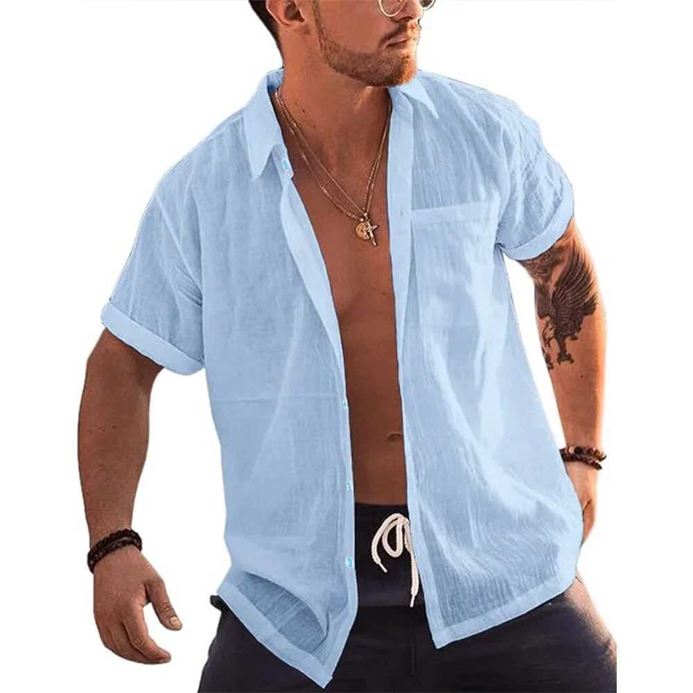 Mens Short Sleeve T-Shirts Button Up Shirts Linen Cotton Beach Tops Turn Down Collar Summer T Shirt with Pocket W250627