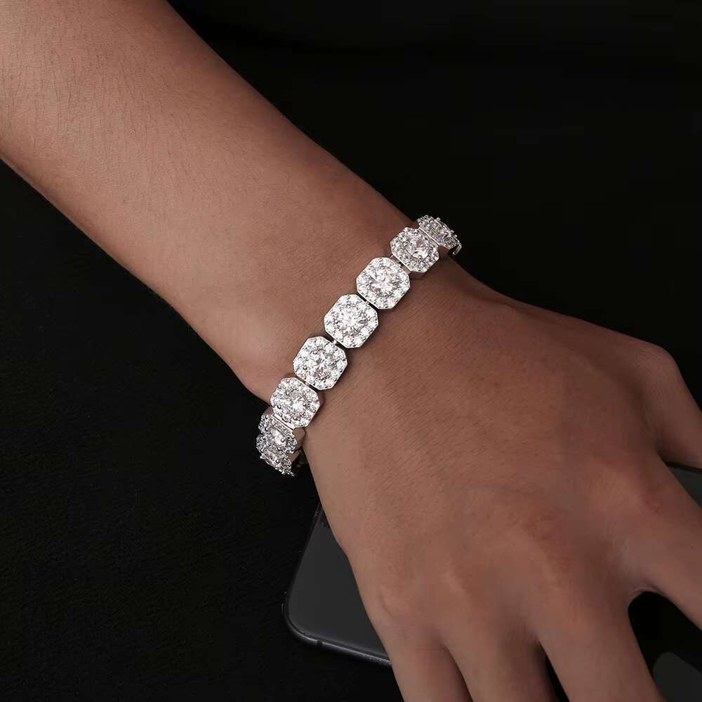 European American Hip Hop 10mm Rock Candy S925 Silver Moissanite High-End Personalized Fine Chain Link Bracelet for Men