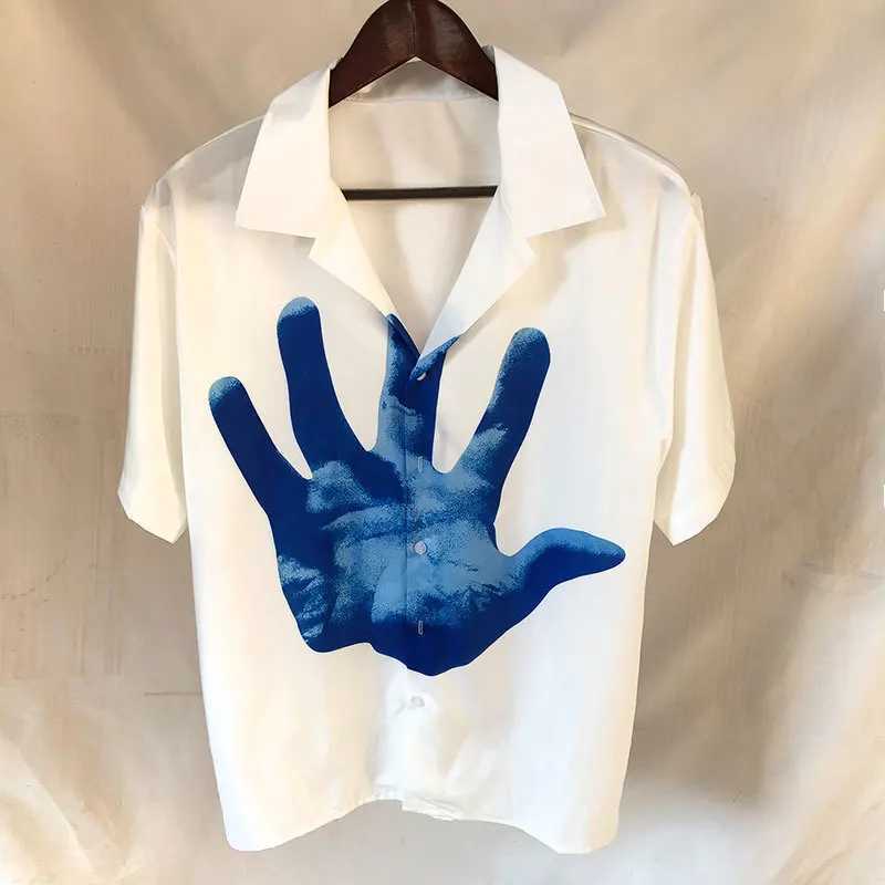 2023 Blue Hand Print Pattern Shirt Short Sleeve Casual Men Shirt Streetwear Summer Camisa Masculina Color Contrast Black Shirt W250627