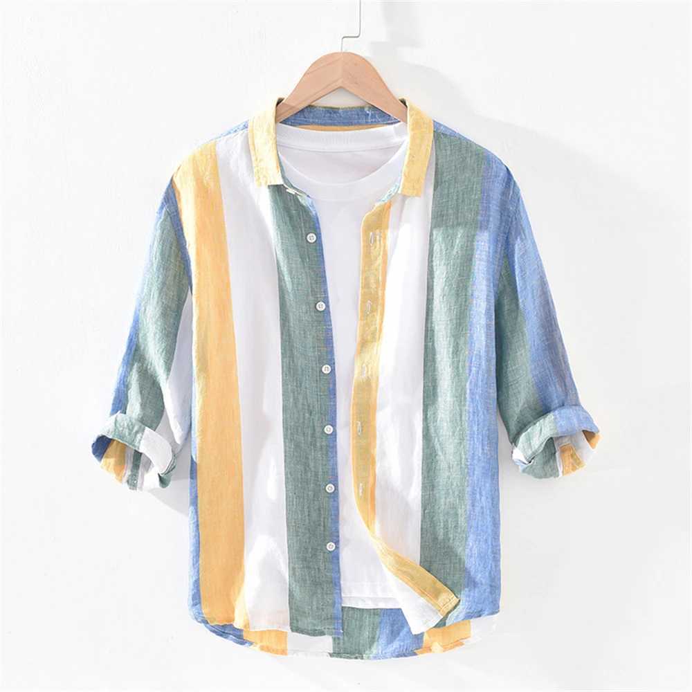 Summer Linen shirts for men Three-quarter sleeves striped mens Casual shirt Loose and breathable freshness Thin mens tops W250627