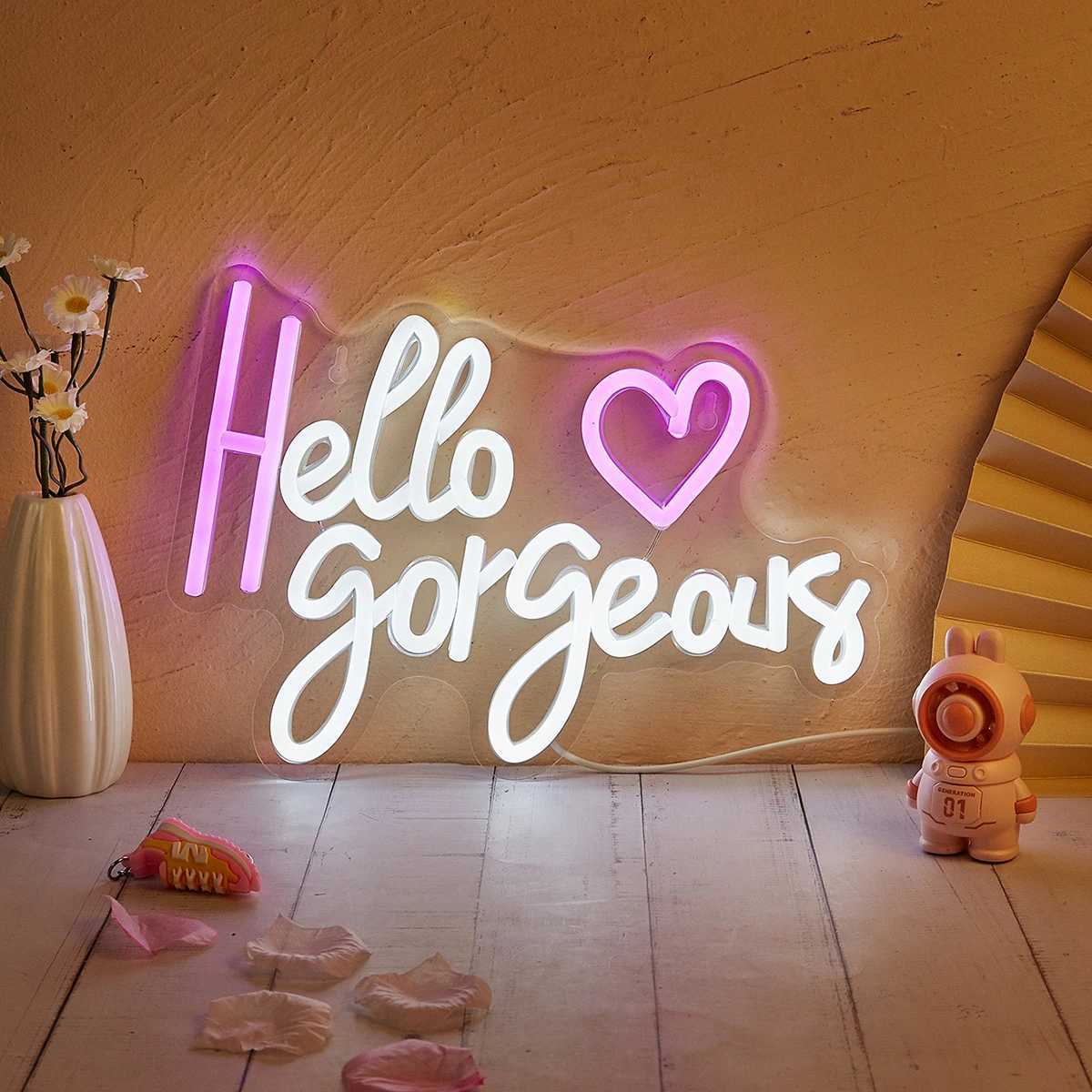 Chi-buy LED Neon Hello Gorgeous Heart USB Powered Neon Signs Night Light 3D Wall Art Bedroom Living Room Decor Lamp SignsXJ250626