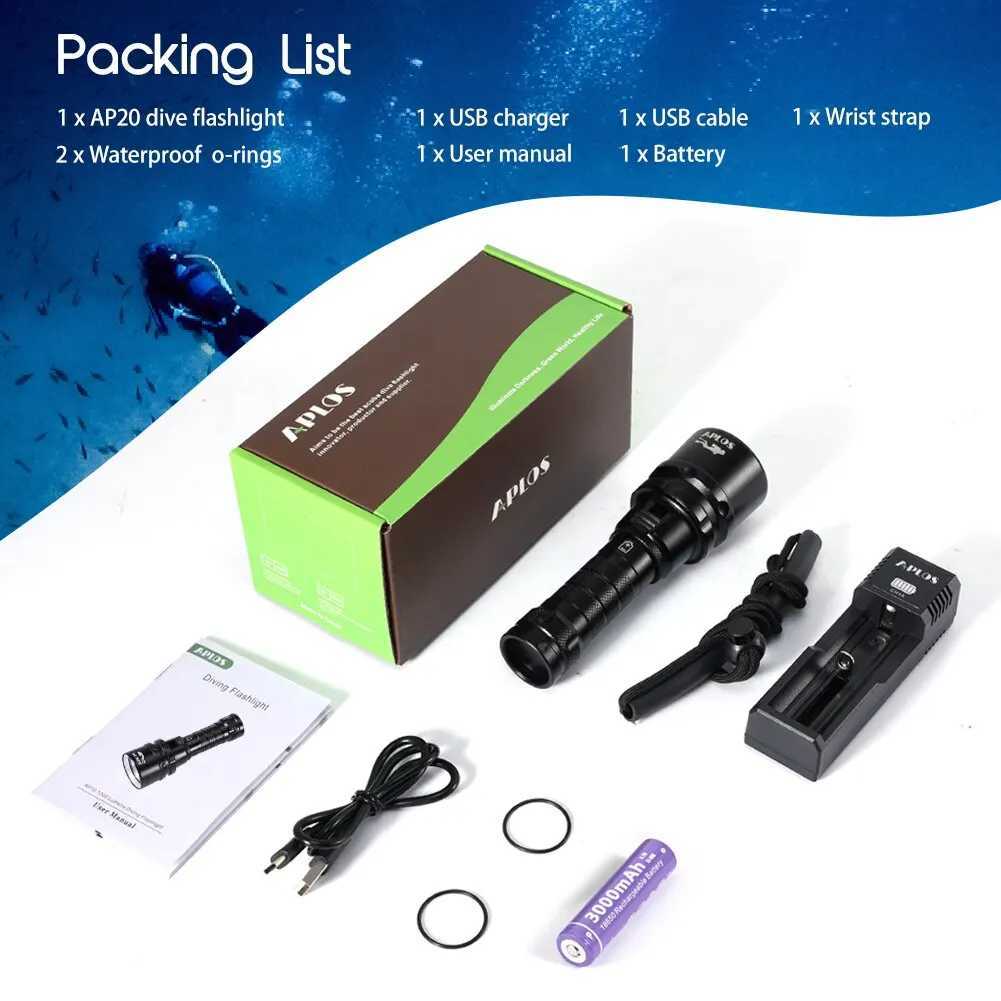 APLOS AP20 Dive Light 2000 Lumens Scuba Diving Flashlight IPX8 Waterproof Underwater Torch with Rechargeable Battery Charger W250701
