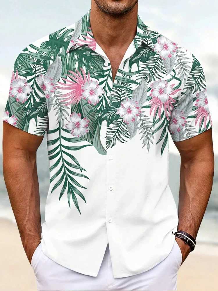 Summer Mens Lapel Short-sleeved Shirt Bright Floral Print Street Trend Casual Single-breasted Shirt For Outdoor Casual W250627