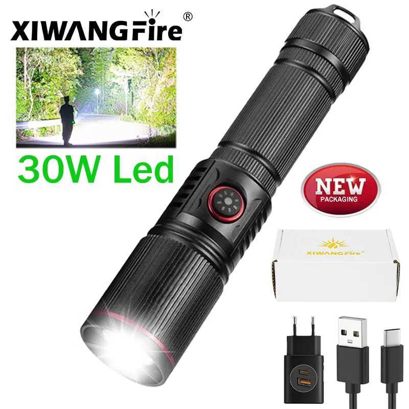 Upgrade 30W Zoom LED High Power Flashlight USB Rechargeable Torch Camping Outdoor Hunting Fishing Walking Lighting Lamp W250701
