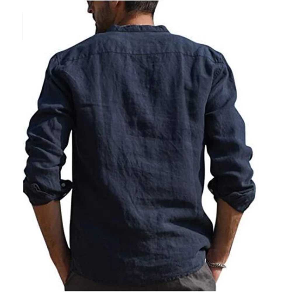 Cotton Linen Hot Sale Mens Shirt Long-Sleeved Solid Color Summer Stand-Up Collar Shirts Casual Beach Style Breathable Cozy Tops W250627