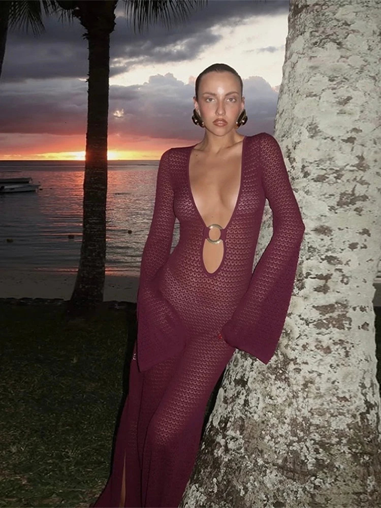 Sexy Knitted Hollow Out Long Dress Women Deep V-neck Long Sleeves Split Solid Slim Dresses Fashion Lady Beach Vacation Robe 250626