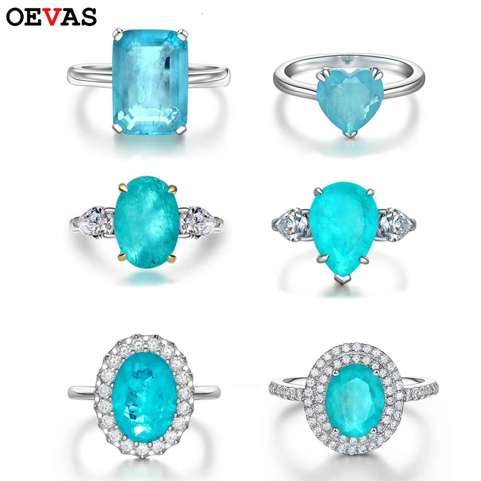 OEVAS 10x14mm Paraiba Tourmaline Gemstone Rings 925 Sterling Silver Sparkling High Carbon Diamond Ring For Women Wedding Jewelry 250627