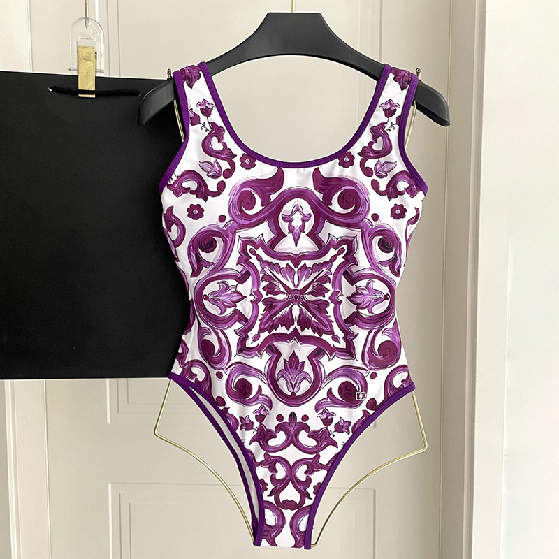 Sexy Purple Bathing Suit Luxury Floral Printed Cover Belly Swimwear Beach Vacation Charming Monokini