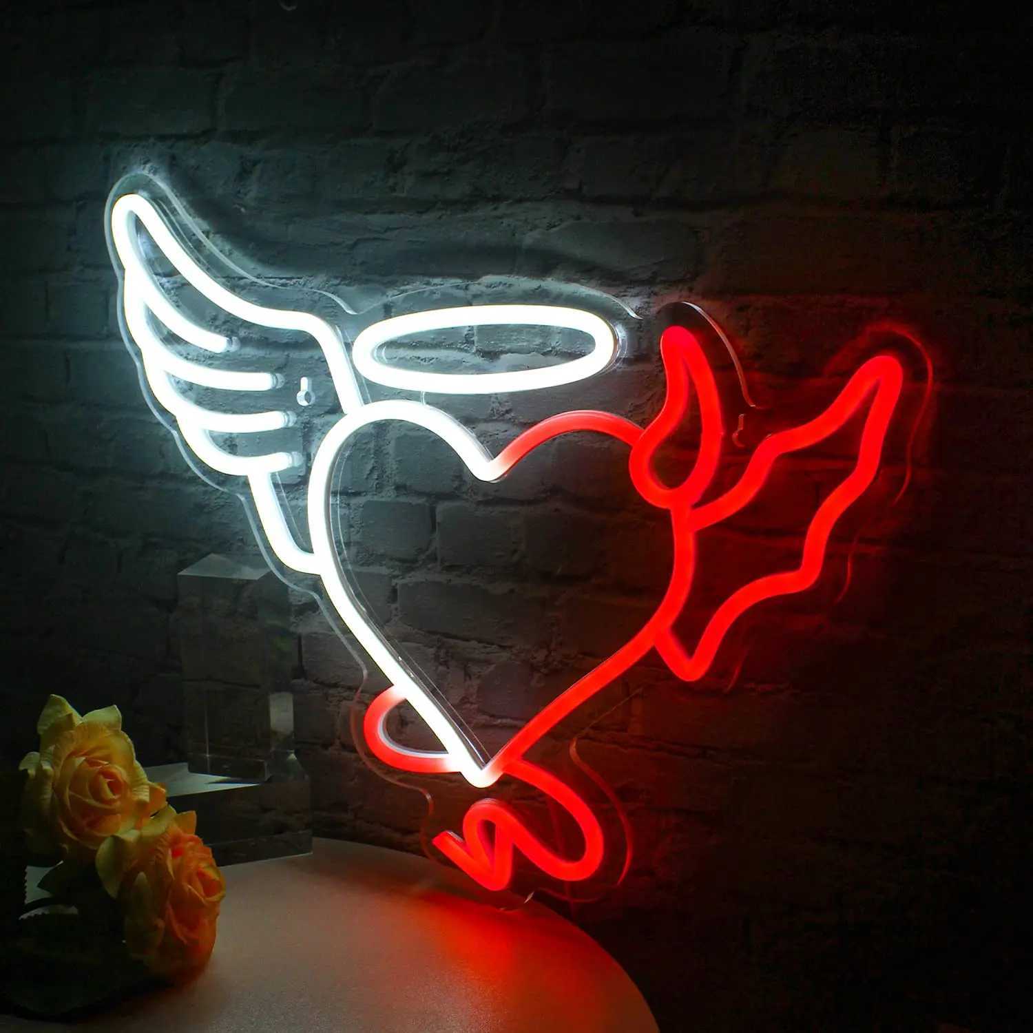 Heart Shape Angel Demon LED Neon Sign for Wall Decoration Glow Sign for Bedroom Home Bar Wedding Birthday Party Kids Room Gift XJ250626