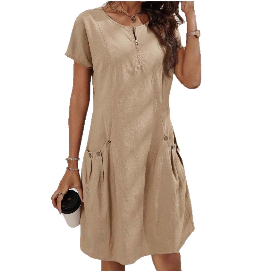 G627Foreign trade European and American women's summer spot pocket zipper collar short-sleeved dress