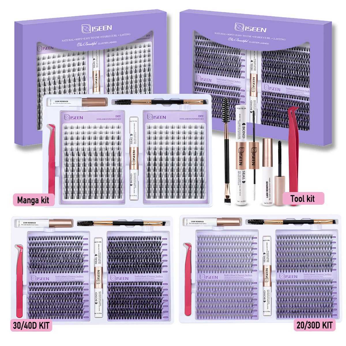 ISEEN DIY Eyelash Extension Kit Cluster Mix Eyelashes Full Set Lashes Kit with Lash Bond Seal and Eyelash Tweezers and Brush W250627