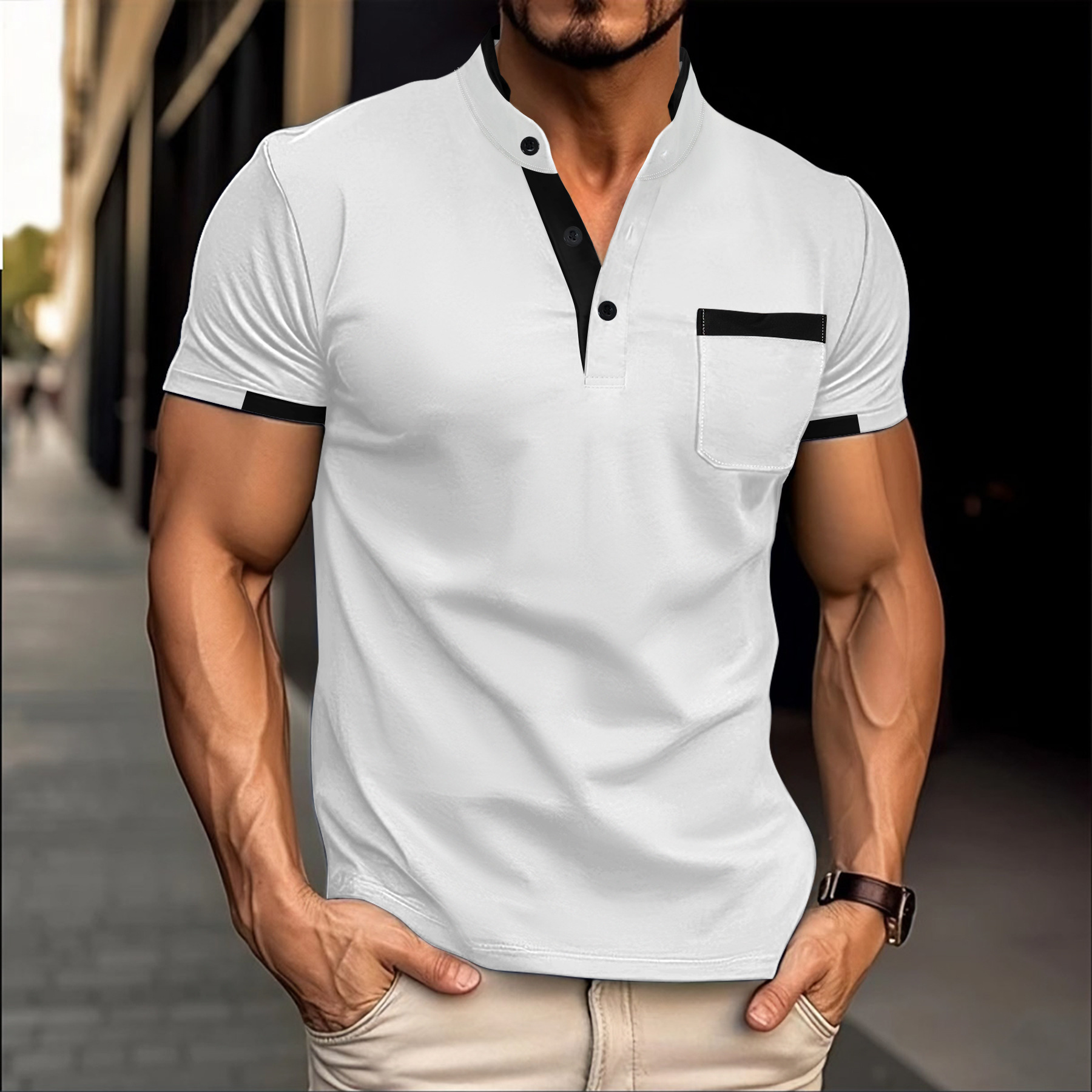 New Men's Summer Business Casual Short Sleeve Polo Breathable Color Block Henley Shirt
