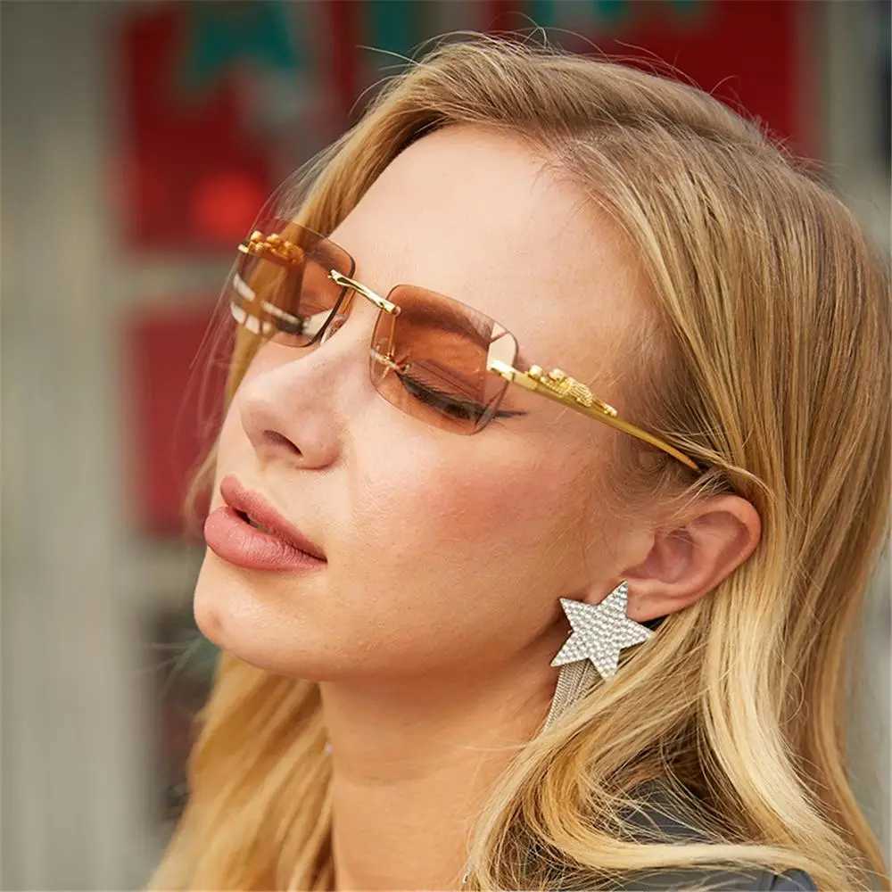 Square Rimless Sunglasses Women Men Cut Edge Golden Leopard Small Frame Sun Glasses Designer Retro Shade Eyewear UV400 oculos U250627