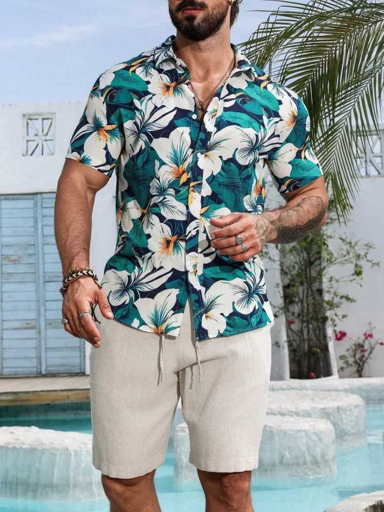 Summer Mens Lapel Short-sleeved Shirt Bright Floral Print Street Trend Casual Single-breasted Shirt For Outdoor Casual W250627