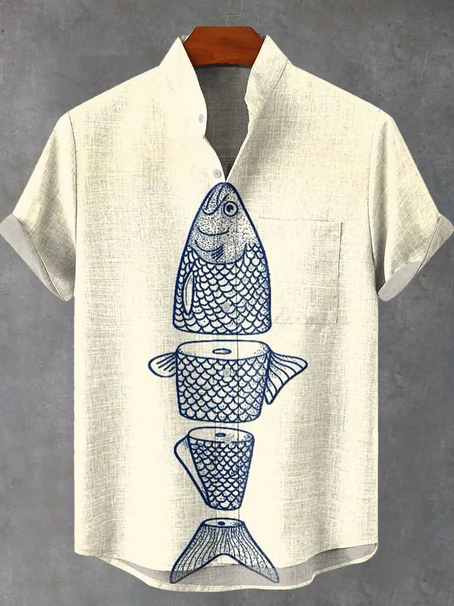 Men Summer Retro Fish Pattern Art Shirt Casual Linen Short Sleeve Fishing Enthusiast Clothing Beautiful Style Mens Shirts W250627