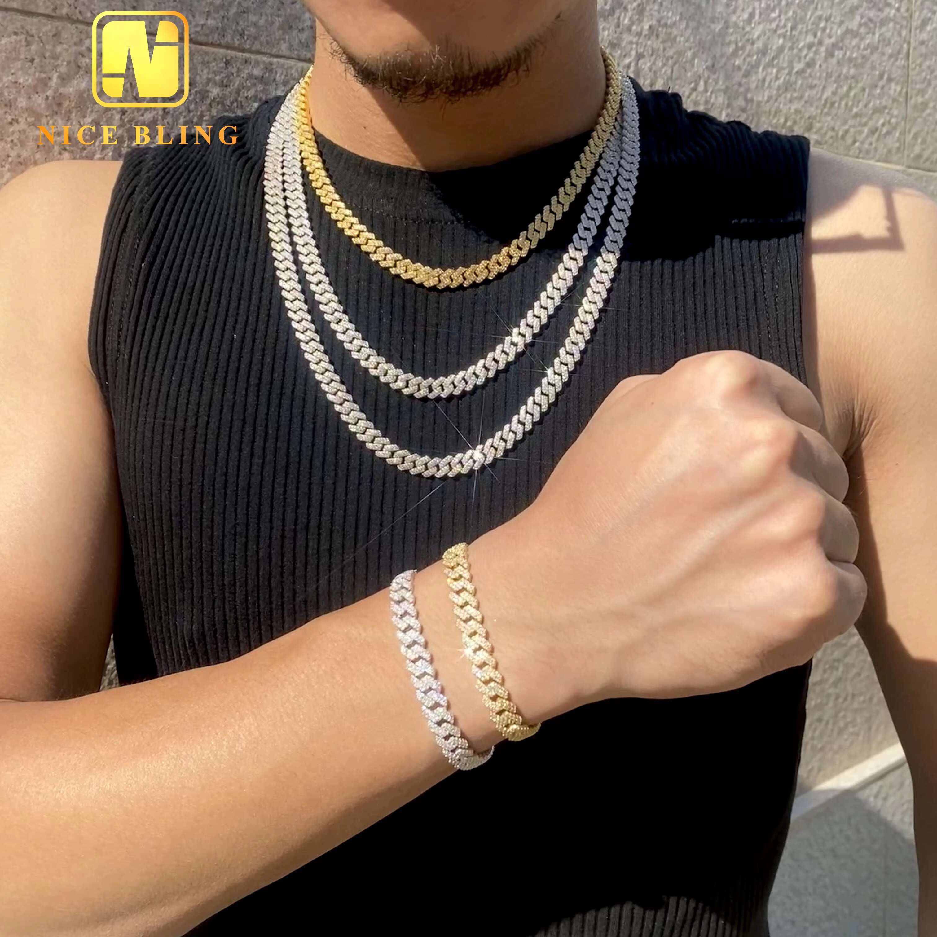 Stocks Hot Selling 8MM 925 Sterling Silver Gold Plated New Arrivals Hip Hop VVS D Color Moissanite Cuban Link Chain