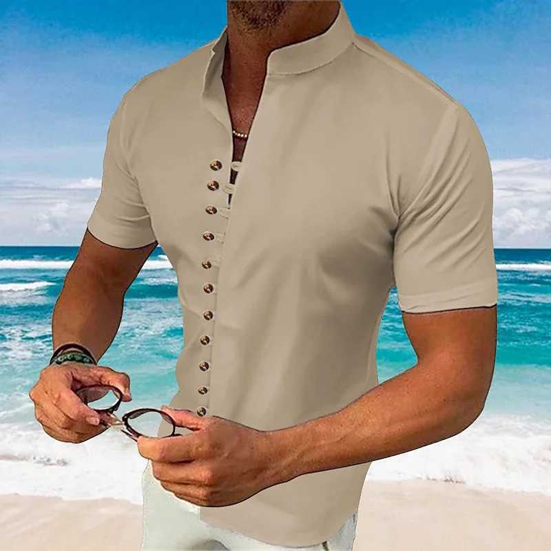 New Retro Mens Cotton-linen Casual Loose Short-sleeved Henley Shirt W250627