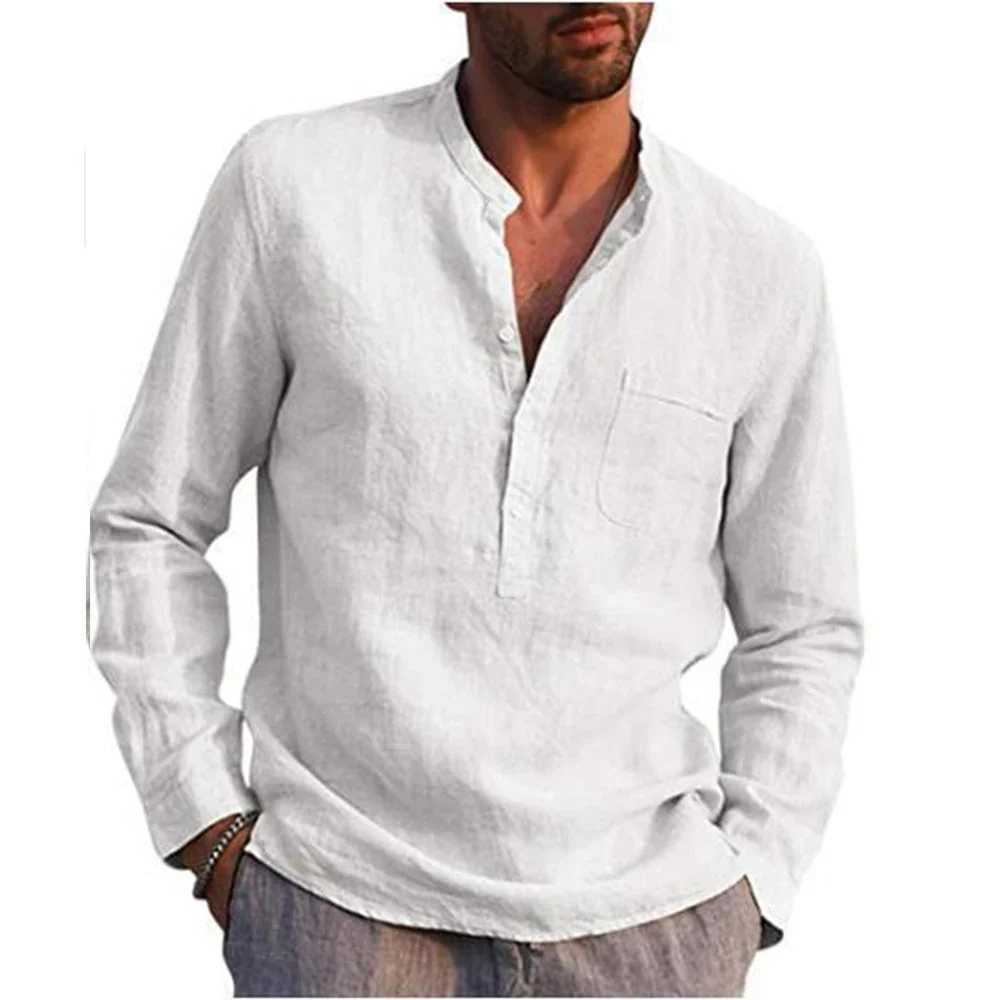 Cotton Linen Hot Sale Mens Shirt Long-Sleeved Solid Color Summer Stand-Up Collar Shirts Casual Beach Style Breathable Cozy Tops W250627