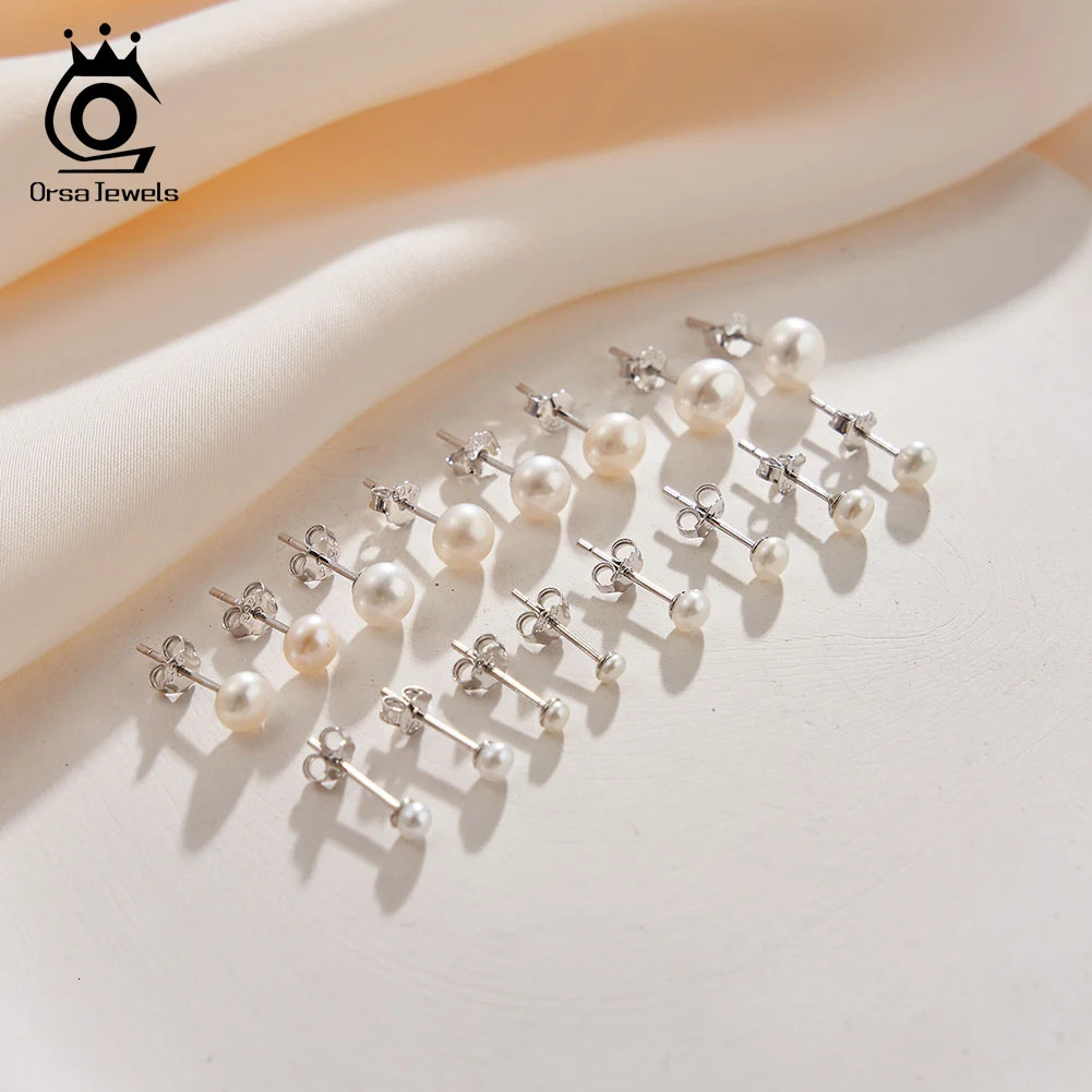 ORSA JEWELS Minimalism 1 pair Freshwater Pearl Ear Stud Real Pearls Stud Earrings 925 Silver Round Natural Pearl Ear Stud GPE104 250624