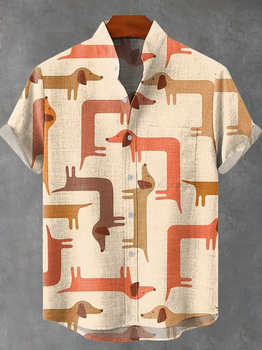 2025 Mens New Summer Cartoon Cute Dog Printed Pattern Comfortable Retro Exquisite Art Linen Shirt Casual Mens Button Top W250627