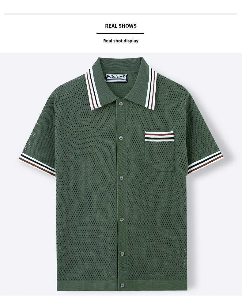 2025 Summer Mens Hollow Out Knit Polo Shirt Casual Breathable Linen Cotton Blend Button Down Collar Shirt W250627