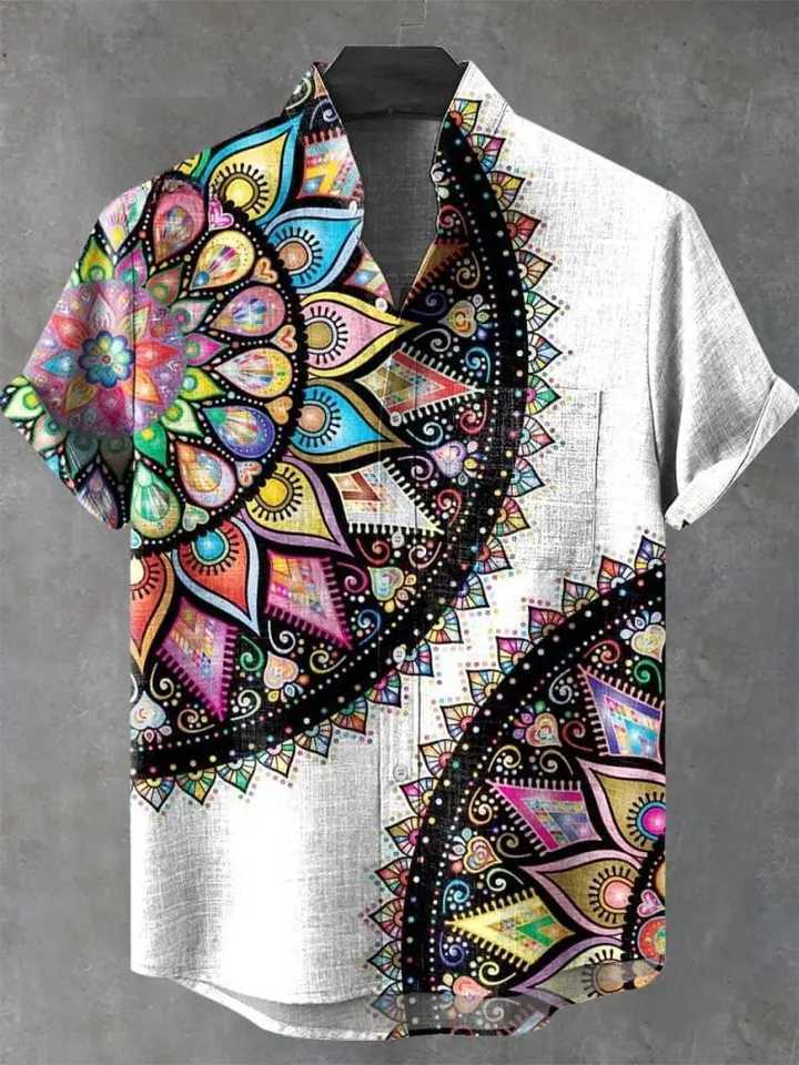 Retro African tribal totem pattern printed mens new linen comfortable fabric short-sleeved shirt for casual street wear W250627