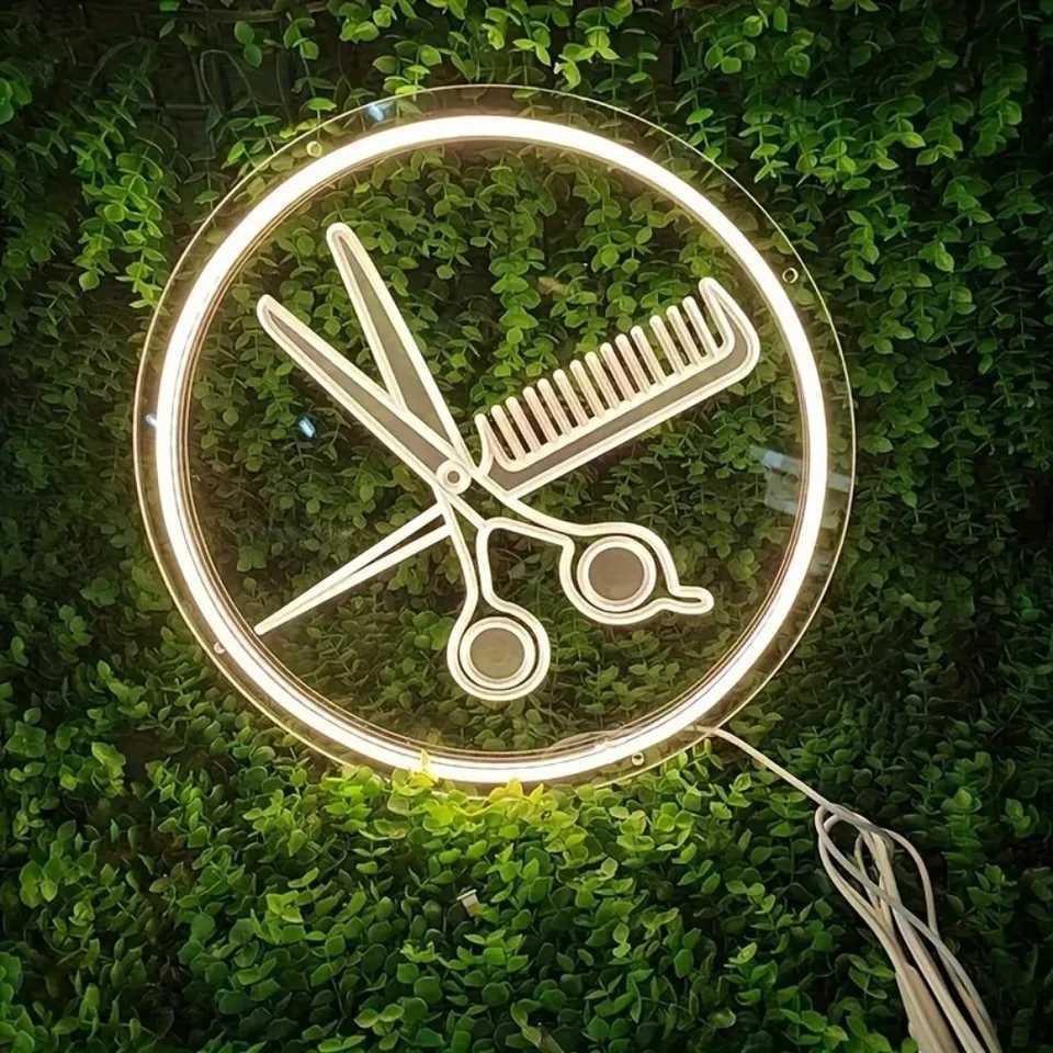 Hair Salon Neon Wall Decorative Sign Hairdresser Bedroom Studio LED Wall Mounted Hairdressing Light USB Powered Comb and Scissor XJ250626