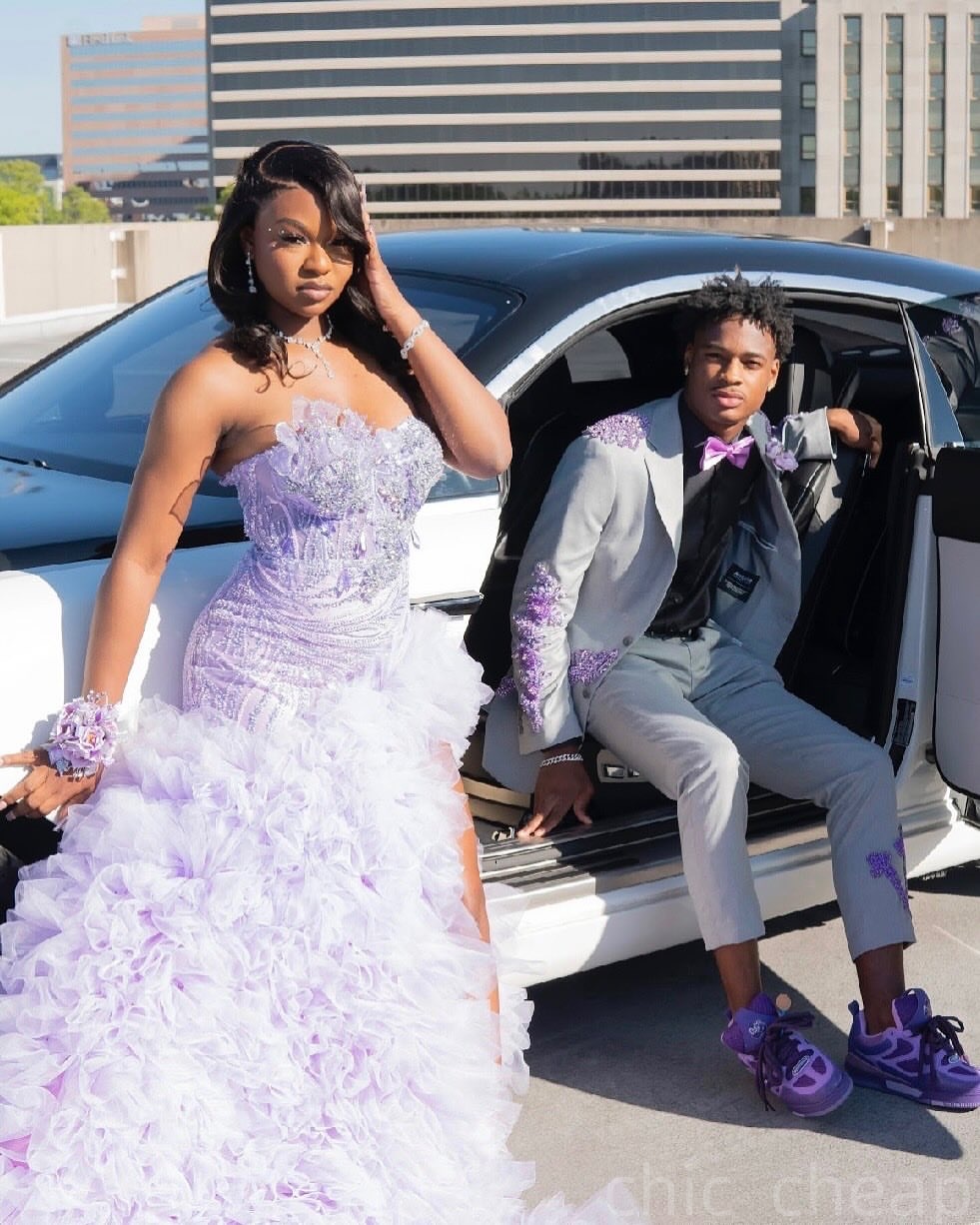 Lilac Mermaid Prom Dresses 2025 Florals Crystals Lace Tiers Tulle Evening Formal Party Second Birthday Engagement Gowns Plus Size Dress For Special Oc
