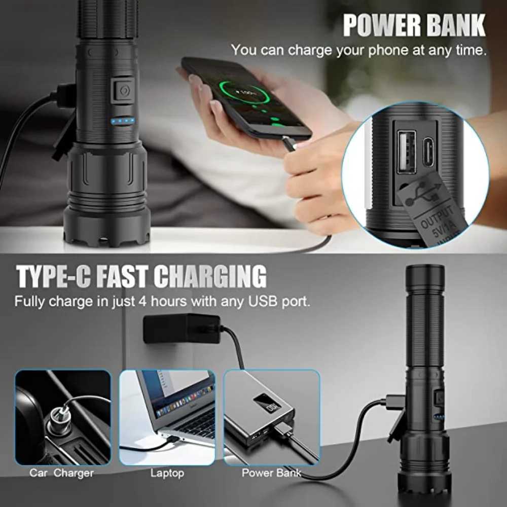 2000000 LM XHP200 Bright LED Flashlight with COB Work Light 5000mAH Type-C USB Rechargeable Tactical Flashlight XHP50 Zoom Torch W250701