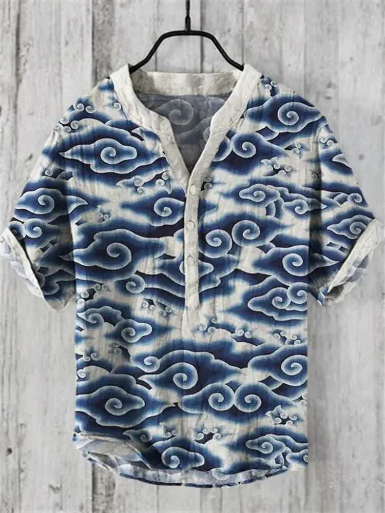 2025 New Mens Linen Short-Sleeved Shirt Fashion Casual Printed Tops European And American Popular Style Mens Clothing W250627