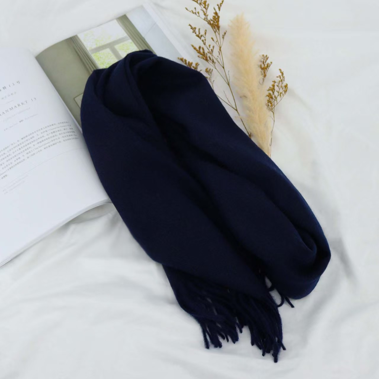 T1085 solid color 100% wool scarf for women, high-end ladies' versatile spring and autumn thin neck scarf