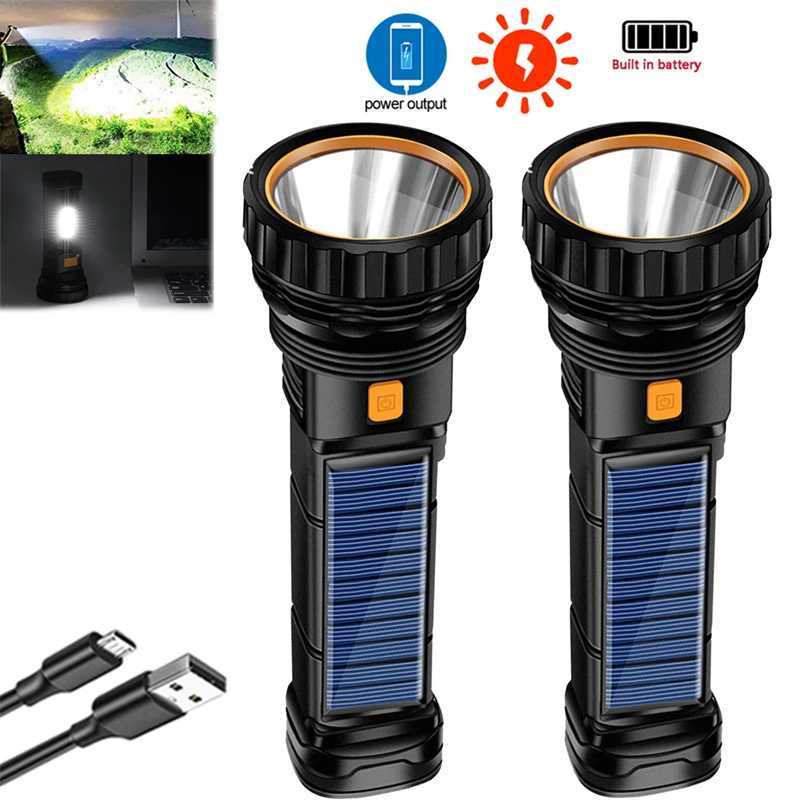 1-2Set USB/Solar Rechargeable LED Flashlight Portable Tactical Flashlamp Lanterna 1500 mAh Long-range Torch For Camping Lighting W250701