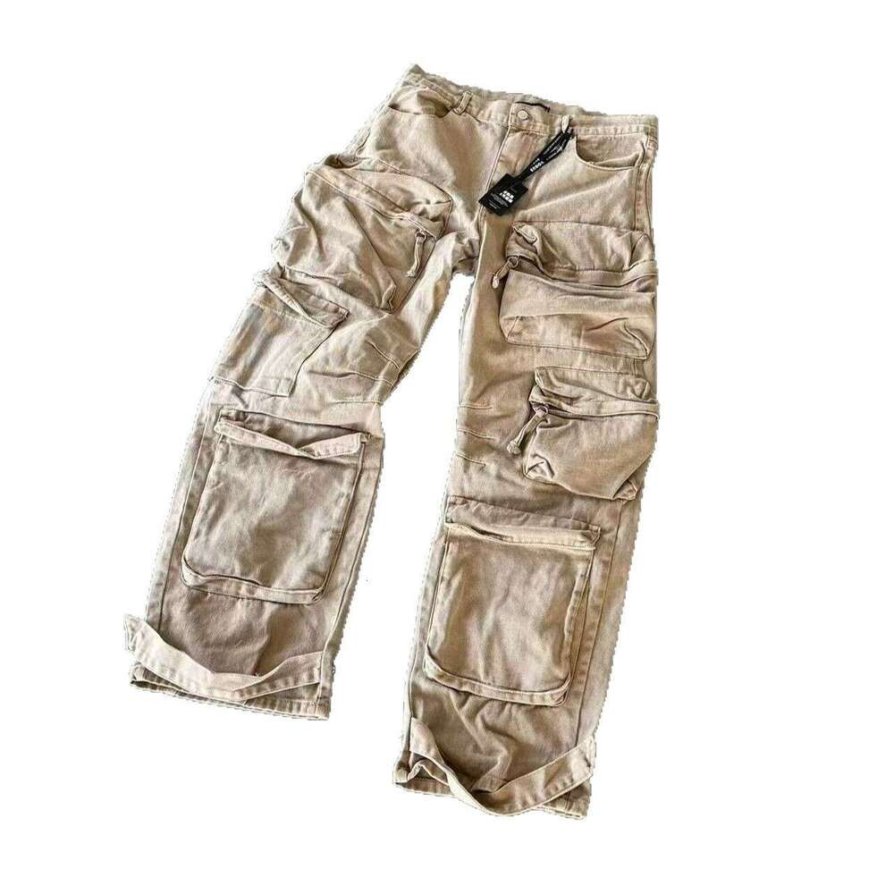 American Style Multi-Pocket Washed Functional Cargo Button Loose Casual Long Pants Men y2k