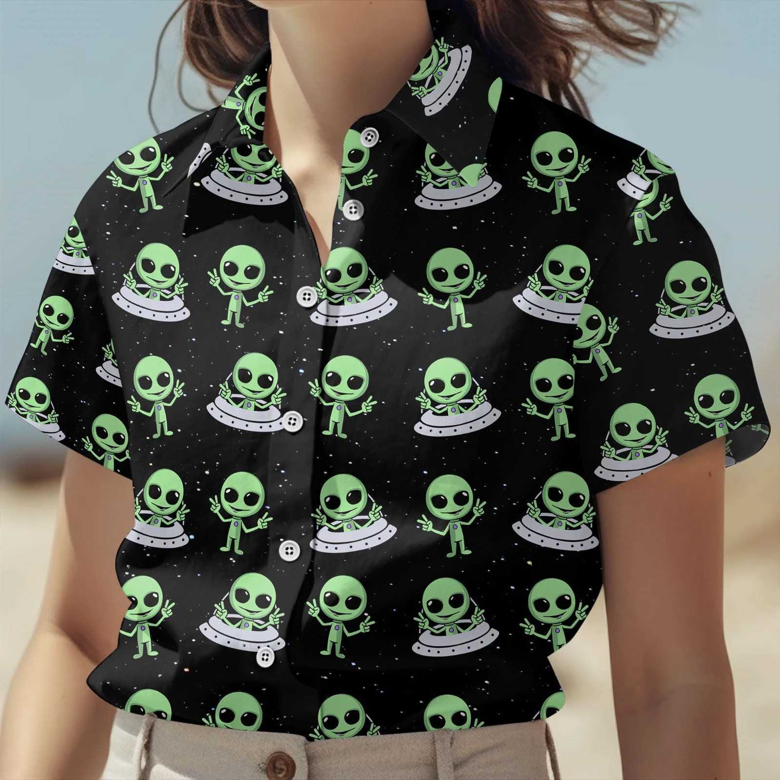 Funny Alien Graphic Shirts Oversized Mens Shirt 3D Printed Pattern Male Clothing Casual Lapel Tops Button Summer Apparel W250627
