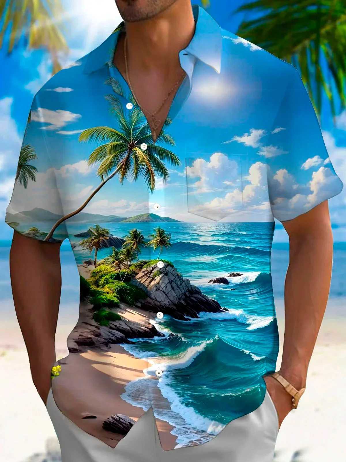 Summer Coconut Tree Palm Tree Surfing Hawaiian Mens Hawaiian Shirt Street Casual Summer Turndown Short Sleeves Polyester Shirts W250627