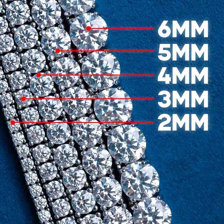 D VVS White Moissanite Hip Hop Chain 925 Sterling Silver 2mm 3mm 4mm 5mm 6.5mm Iced Out Moissanite Tennis Chain Necklace for Men