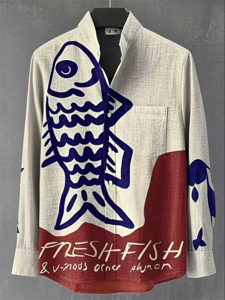 2025 New Retro Style Fish 3D Printed Mens Shirt Fashion Design Casual Linen Comfortable Fabric Button Long Sleeve Shirt W250627